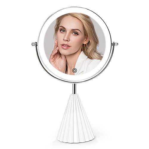 Lighted Makeup Vanity Mirror with Magnification, Rechargeable 10X Magnifying Makeup Mirror with 3 Color Lighting, 8 inch Double Sided Light Up Mirror, Touch Screen 360° Rotation Desk Cosmetic Mirror