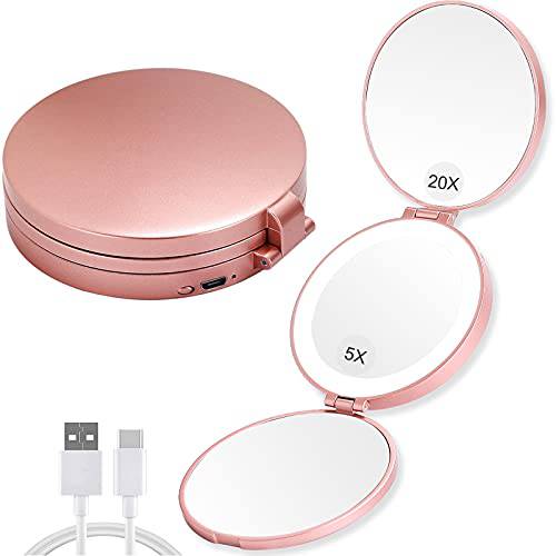 MIYADIVA Led Compact Mirror with Lights and Magnification, Small 1X 5X 20X Travel Magnifying Mirror, 4 Pocket Mirror for Women, Portable, Dimmable, Beauty Gift