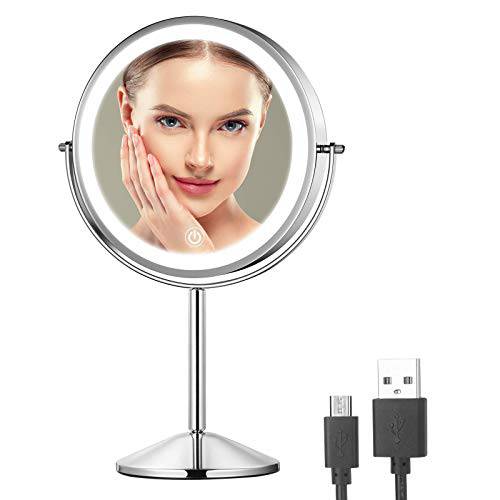 Gospire 8 Inch Lighted Makeup Mirror 1X/10X Magnifying LED Makeup Mirror 3 Color Dimmable Lighting Modes Rechargeable Cordless Cosmetic Mirror with Touch Control Vanity Mirror 360° Rotation (Chrome)