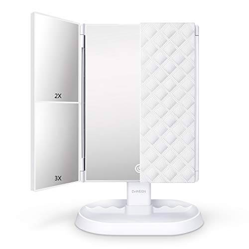 deweisn Trifold Lighted Vanity Makeup Mirror with 21 LEDs Lights,1x/2x/3x Magnification and Touch Screen Dimming,Two Power Supplies Makeup Mirror, Gift for Women