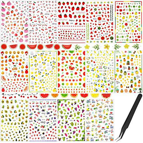 Leelosp 14 Sheets Summer Nail Art Stickers Decals with Tweezers 3D Self-Adhesive DIY Nail Art Decoration Summer Fruit Nail Sticker Tropical Fruit Nail Art Decal for Women Little Girls Nail Decoration
