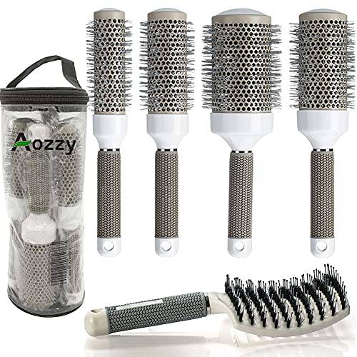 Round Brush Set for Blow Drying, with Boar Bristle Vented Curved Detangling Hair Brush, Thermal Ceramic & Ionic Tech Reduce Frizz Hair, Makes Hair More Smooth and Shiny for Curling & Straightening