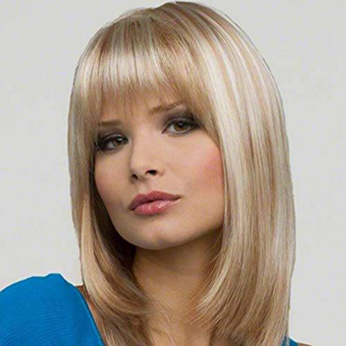 Swiking Blonde Mix Silver Straight Shoulder Length Wig with Bangs for White Women Bob Wig Short Synthetic Hair for Party Use