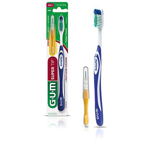 GUM Super Tip Toothbrush, Full Head & Soft Bristles with Bonus Proxabrush Go-Betweens (Pack of 6)