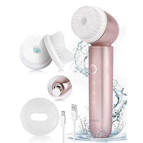 KINGDO Powered Facial Cleansing Brush 3 Vibrating Modes Face Scrubber for Exfoliating Removing Blackhead Deep Cleaning Waterproof Rechargeable 2 Soft Brush Heads Holiday Gifts Set