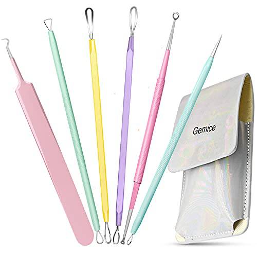Blackhead Remover Pimple Popper Tool Kit, Gemice 6pcs Blackhead Tweezer Pimple Extractor Acne Removal Tools with Leather Bag, Comedone Extractor for Nose Face Blemish Whitehead Popping Zit Removing