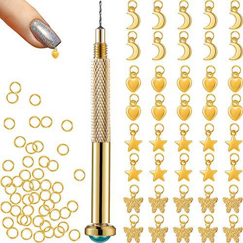 91 Pieces Nail Jewelry Rings with Nail Piercing Tool Hand Drill, Pierced Fingernail Jewel Dangle Nail Art Golden Color Charms for Acrylic Nail Tips DIY Nail Art, Moon, Star, Butterfly, Heart