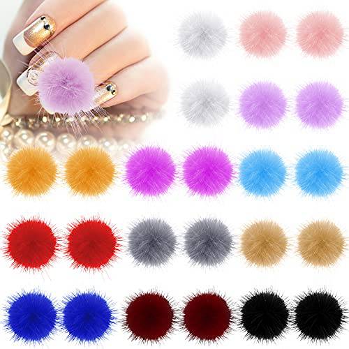 24 Pieces Nail Pom Pom Detachable Nail Art Fluffy Pom Ball Nail Pom 3D Soft Pom Fur Ball for Nail Design Manicure Tip Jewelry Manicure Nail Decor DIY Accessories Set (Chic Colors)