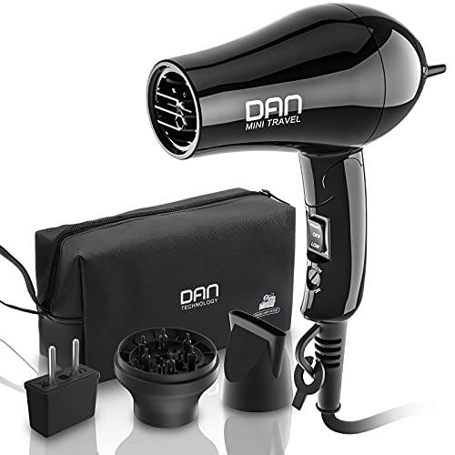 Dan Technology Travel Hair Dryer,Compact Hair Dryer,Portable Mini Blow Dryer with Concentrator&Diffuser,European Hair Dryer with European Plug,Folding Handle Lightweight,Fast Drying for Women and Men