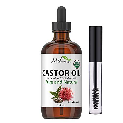 Castor Oil (2oz) Organic, Extra Strength, Serum for Eyelashes, Eyebrows, Hair Growth - 100% Pure, Hexane-Free Cold-Pressed - Natural Conditioner, Laxative for Men & Women. FREE Eyelash wand tube