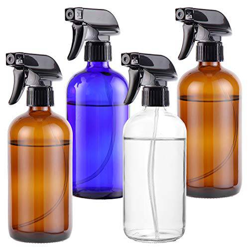 Empty Glass Spray Bottles 16oz for Cleaning, Plants, Pets, Essential Oils, Air Freshener, Durable Black Trigger Sprayer with Stream and Mist Settings (Amber+Blue+Clear, 16oz(Pack of 4))