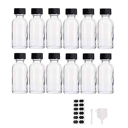 BPFY 12 pack 2 oz Clear Glass Boston Bottle With Black Poly Cap, Funnel, Chalk Labels, Pen Dispensing Bottles for Homemade Vanilla Extract, Essential Oils, Herbal Medicine, Wedding Christmas Decor