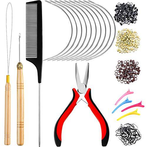 Hair Extension Tools Kit, 600 Silicone Lined Micro Rings, Micro Ring Beads Pliers, 2 Hook Needle Pulling Loop, 10 Curved Hair Needle, 4 Alligator Hair Clips, Comb and 100 Black Mini Rubber Bands