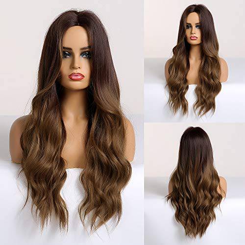 HAIRCUBE Long Ombre Brown Wigs for Women ,Synthetic Curly Hair Hair Wig Middle Parting