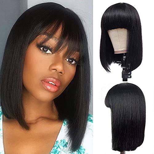 12” Short Bob Wigs Brazilian Straight Human Hair Wigs With Bangs 100% Remy Human Hair Wigs 130% Density None Lace Front Wigs Glueless Machine Made Wigs For black Women