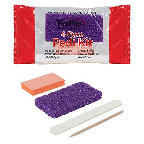 ForPro Basics 4-Piece Pedicure Kit, Purple Pumice Pad, White Wood Nail File 100/180 Grit, Orange Mini Buffer 100/180 Grit, Wood Stick, Individually-Packed, 200-Count