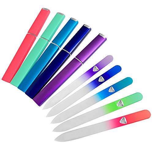 Glass Files for Nails, Manicure Glass Fingernail Files with Cases, Gently Shape Nails with Expert Precision, Enjoy a Smooth Finish - 5-Piece Bona Fide Beauty Premium Czech Glass Files