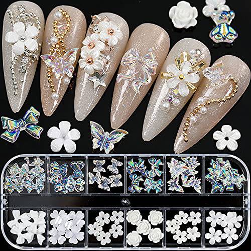 60pcs White Flower Nail Art Charms Nail Glitter Decals Decoration 3D Nail White Flower Mixed Flower Butterfly Bear Design Acrylic Nail Stud Jewelry Salon Nail Accessories Supplies for Women