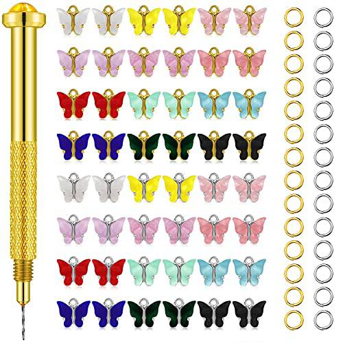 249 Pieces Dangle Nail Piercing Charms Set, Nail Art Piercing Tool Hand Drill and Acrylic Butterfly Enamel DIY Pendants Charms for Tips, Acrylic, Gels and Decorations (Gold, Silver)