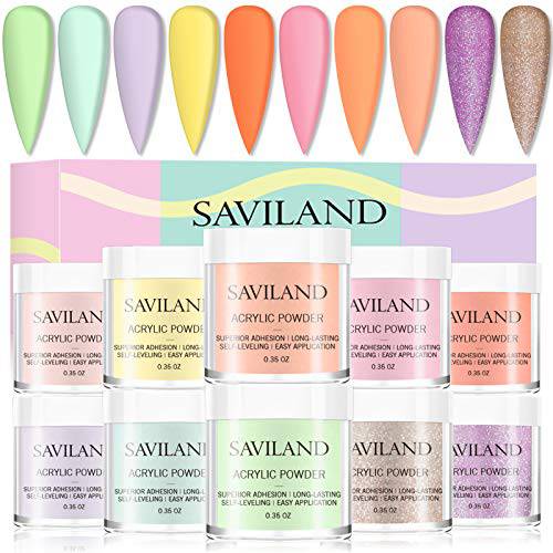 Saviland Acrylic Powder Set - 10 Colors Acrylic Nail Powder Glitter Professional Polymer Powder Kit for Acrylic Nails Extension