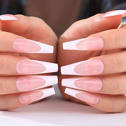 Outyua French Extra Long Press on Nails Glossy Coffin Fake Nails V Shape Super Long False Nails Acrylic Ballerina Full Cover Nails 20Pcs for Woemen and Girls (Black)