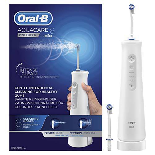 Oral-B AquaCare 6 Pro-Expert Oral irrigator, 2 Replacement nozzles, interdental Cleaner with 6 Brushing Modes for Gentle Dental Care and Healthy Gums, Designed by Brown, White/Grey