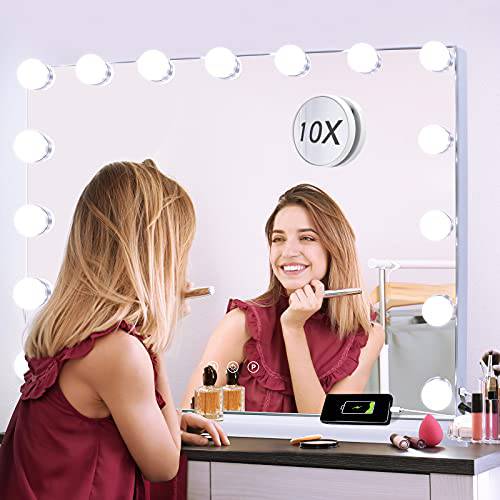 Kottova Vanity Mirror with Lights,Makeup Mirror with Lights, Hollywood Lighted Mirror with 15 Dimmable LED Bulbs,3 Colors Modes,Touch Control,DUSB Charging Port,Metal Frame,White