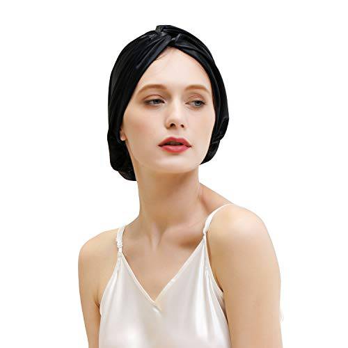 ZIMASILK 22 Momme 100% Mulberry Silk Sleep Cap for Women Hair Care,Natural Silk Night Bonnet with Elastic Stay On Head (1Pc, Black)