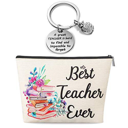 Weewooday Teacher Appreciation Present for Women Makeup Bag Keychain for School Teacher (Best Teacher Ever with Book)