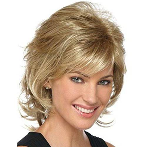 Short Mixed Blonde Curly Wig with Bangs Natural Wavy Synthetic Wigs for Women