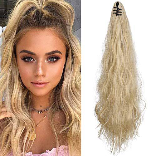 SEIKEA Ponytail Extension Claw Clip 16 24 Long Wavy Curly Hair Extension Jaw Clip Ponytail Hairpiece Synthetic Pony Tail (24 Inch, Ash Blonde)