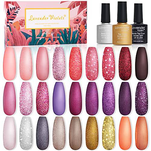 Lavender Violets Gel Nail Polish Kit 27+3 Colors Classic Glitter Gel Shades Red Pink Purple Yellow and Silver Soak-off UV Nail Gel with Base, Matte and Glossy Top Coat C971