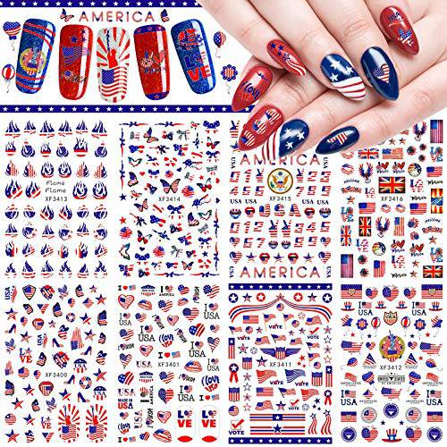 Whaline 4th of July Nail Art Stickers Patriotic Self-Adhesive Nail Decals American Flag Star Heart Lip Butterflies Nail Decoration Tattoo for Independence Day Women Girls DIY Nail Salon, 8 Sheet