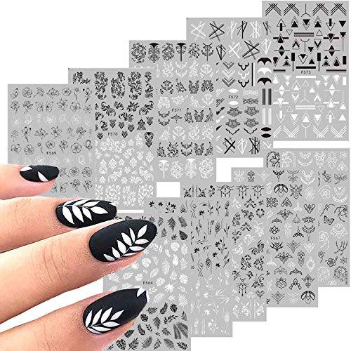XJL, 10 Sheets Black White Leaf Flower Line Nail Stickers Decals,3D Self-adhesive Retro Leaves Flowers Vine Geometry Line Nail Design For Acrylic Nails,DIY Nail Supplies Nail Decoration