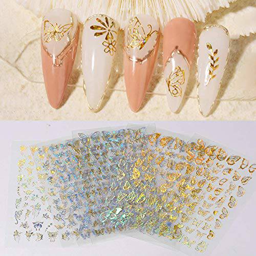 8 Sheet Nail Art Sticker,Nail Stickers Different Laser Gold and Silver Color Butterfly Nail Stickers Shapes Nail Art Supplies (Gold and Silver Butterfly Stickers)