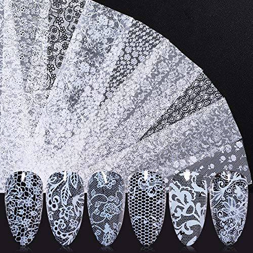 Nail Art Stickers 20 Sheets Lace Nail Art Foil Transfer Stickers White Lace Flower Nail Film Nail Art Supplies Nail Adhesive Decoration Manicure Tips Wraps Glitter Sparkle