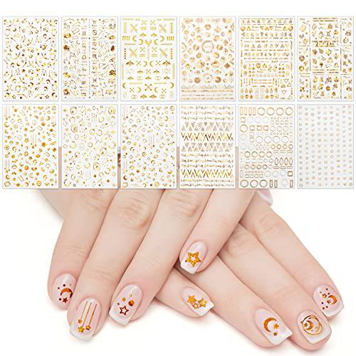 TailaiMei 12 Sheets Metallic Moon Star Nail Art Sticker, 3D Laser Gold Universal Adhesive Nail Art Decals for Women Manicure DIY or Nail Salon(1000Pcs)