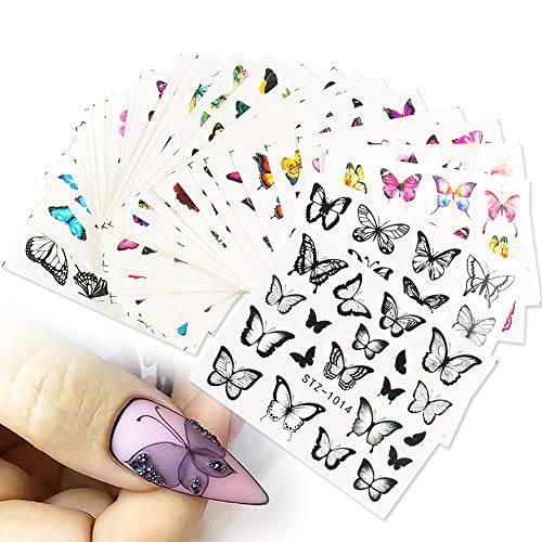 Butterfly Nail Art Stickers Decals Colorful Butterflies Nail Design Water Transfer Nail Decals Holographic Foil Tattoo Butterfly Nail Supplies for Acrylic Manicure Nail Tips Beauty Decoration 30PCS