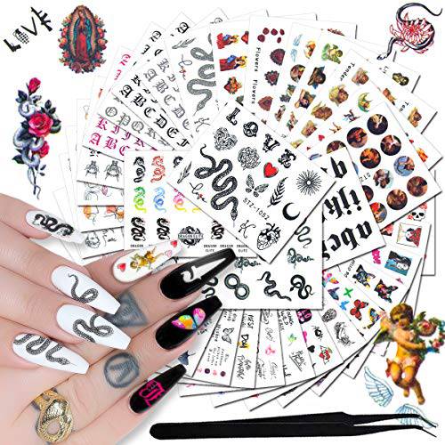 SILPECWEE 36 Sheets Water Nail Decals Water Transfer Nail Tattoos Abstract Nail Water Decals Snake Dragon Angel Letter Nail Design Stickers Manicure Accessories for Nail Art with 1pc Tweezers