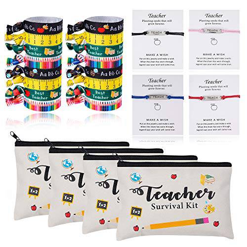 24pcs Teacher Appreciation Gifts 4 Makeup Pouch Cosmetic Bag and 4 Teach Blessing Card Bracelets with Greeting Card and 16 Teacher Hair Ties No Crease Ribbon Hair Ties Elastic Ponytail Holder
