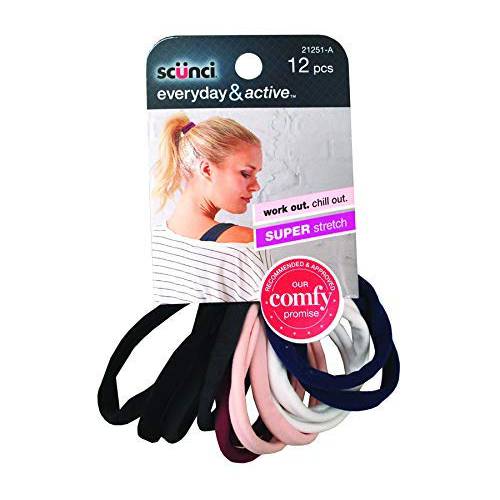Scunci Everyday & Active Work Out Chill Out Super Stretch Comfy, 12 count Elastics, Black, Plum Pink, Blue, White