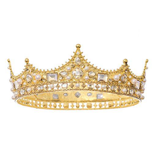 FORSEVEN King Crown for Men Crown Royal Costume Accessory Prom Tiara Baroque Vintage Crystal Pearl Bridal Wedding Tiaras Birthday Party Round Crowns (Gold)