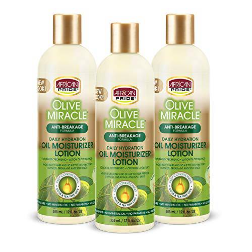 African Pride Olive Miracle Hair Moisturizing Lotion (3 Pack) enriched with olive and tea tree oil to prevent damage and seal in moisture,12oz