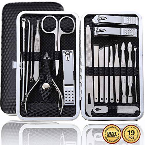 Manicure Kit Pedicure Nail clippers set 19 in 1 Professional Sharp Stainless Steel Cutter & Vibrissac Scissors and Fingernails & ToenailsTools Makeup Care with Superb Case Best Gift for Men & Women