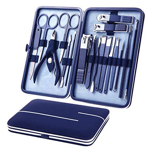 Manicure Set Professional pedicure manicure kit FUNNHAOO Stainless steel Nail clippers Grooming Kit With lightweight and beautiful Travel Case (18in1 Blue)