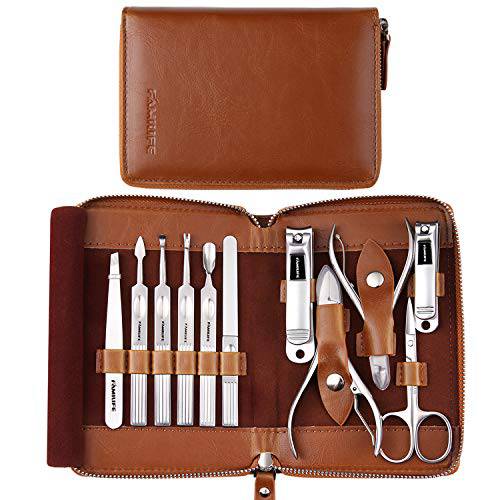 Manicure Set, FAMILIFE Professional Manicure Kit Nail Clippers Set 11 in 1 Stainless Steel Pedicure Tools Kit Grooming Kit with Portable Brown Leather Travel Case for Men Luxury Valentines Day Gifts