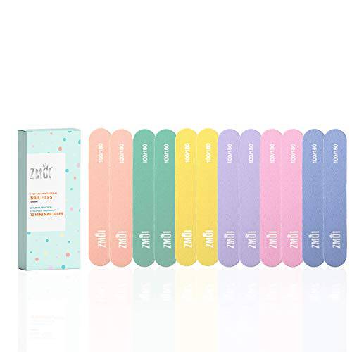 ZMOI Professional Mini Nail File – 12 Stylish - Practical Fingernail File Pack for Natural and Acrylic Nails 100/180 Emery Boards (Macaroon Color)