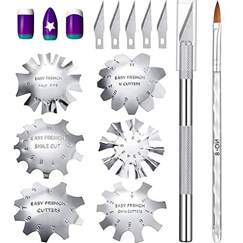 8 Pieces Acrylic Nails Tool Set, Include 6 Pieces French Nail Trimmer Stainless Steel French Tip Cutters Smile Line Cutter, Acrylic Nails Brush, French Tip Cutting Knife with 5 Spare Blades (Silver)