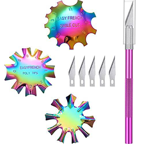 3 Pieces French Nail Trimmer Smile Line Cutter Edge Trimmer Stainless Steel French Tip Cutters Manicure DIY Plate Module with Handles French Tip Cutting Knife 5 Spare Blades for Nail (Rainbow Color)