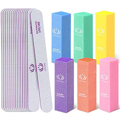 Nail Files and Buffers - Capularsh 16Pack Professional Manicure Tools Kit, 10Pcs 100/180 Grit Double Sided Nail Files for Acrylic Dip Nails, 6Pcs Four Sided 120 Grit Nail Buffer Block for Home Salon